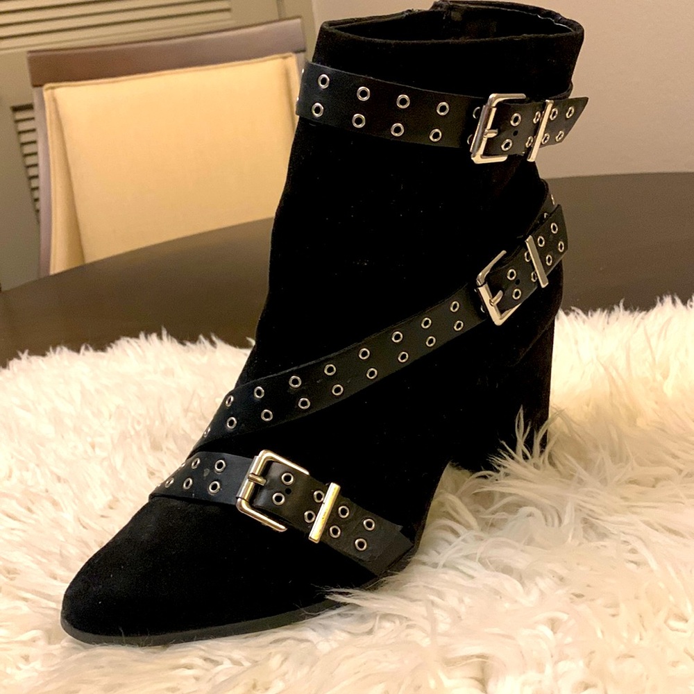 Size 11 Womens black suede belted boots heeled gently worn